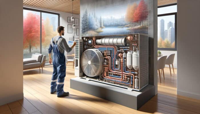 A technician replacing an air filter in a modern heat pump system in a New Westminster home, showcasing clean airflow and efficiency.