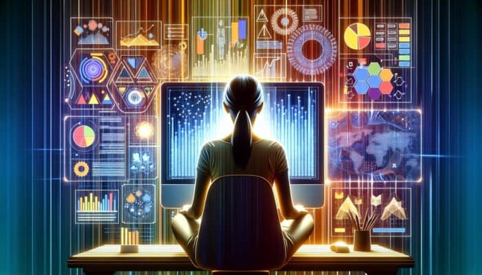 Understanding Supplement Keyword Research Basics: A person using a computer for keyword research, analysing graphs and lists.