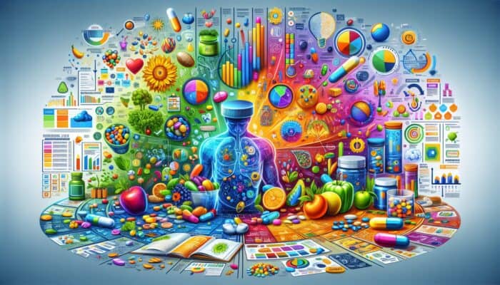 A vibrant infographic illustrating the benefits and uses of dietary supplements, appealing to diverse learning styles.