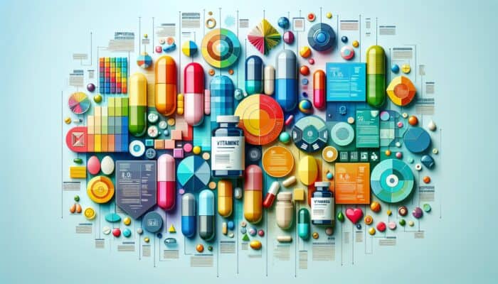 A dynamic infographic featuring tips for crafting engaging supplement-centric content, showcasing vitamins and capsules.