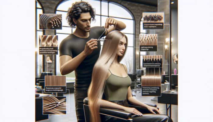 A stylist expertly applies hair extensions using melting techniques in a modern salon, enhancing client trust and satisfaction.