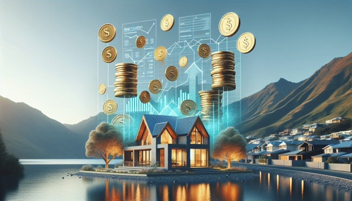 A modern home in Queenstown landscape, with rising graphs, gold coins, tax documents, and financial charts symbolizing wealth accumulation.