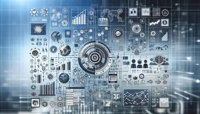 Infographic illustrating elements of tech company research: financial performance, product offerings, market trends, accompanied by icons and graphs on a tech-themed backdrop.