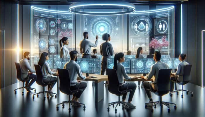 Diverse team of human virtual analysts in a tech office, analysing data that indicates decreased churn and increased satisfaction.