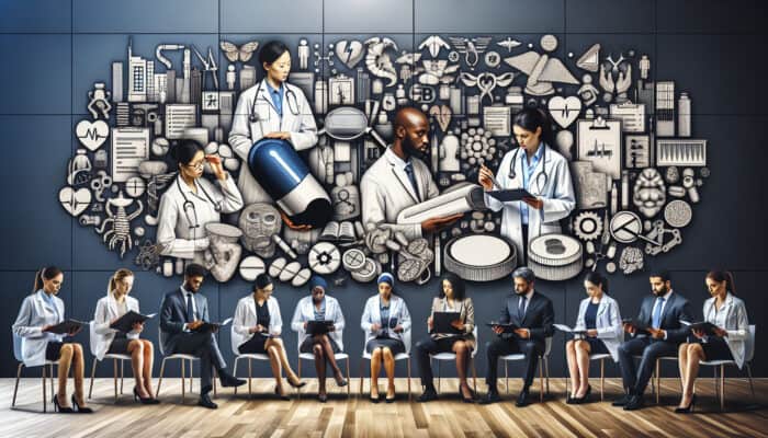 Professionals analysing regulatory changes in healthcare and pharmaceuticals in a conference room.