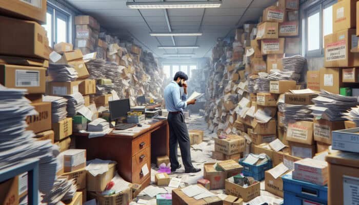 A cluttered customs office with stacks of documents, misclassified items, and a worker inspecting flagged goods, symbolizing UK clearance delays.