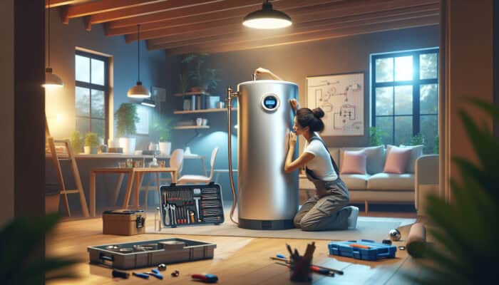 Modern hot water tank in a cosy Ladner, Delta basement, serviced by a professional plumber.