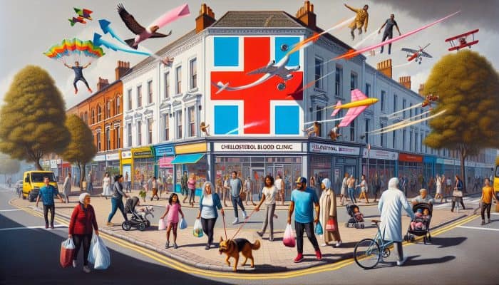 A Dorchester street corner signpost directing to a clinic for cholesterol blood testing, amidst city life.