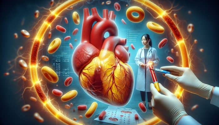 Cholesterol Blood Test in Arbroath: Illustration of a heart with cholesterol plaques and a person getting tested, highlighting the need for regular cholesterol monitoring.