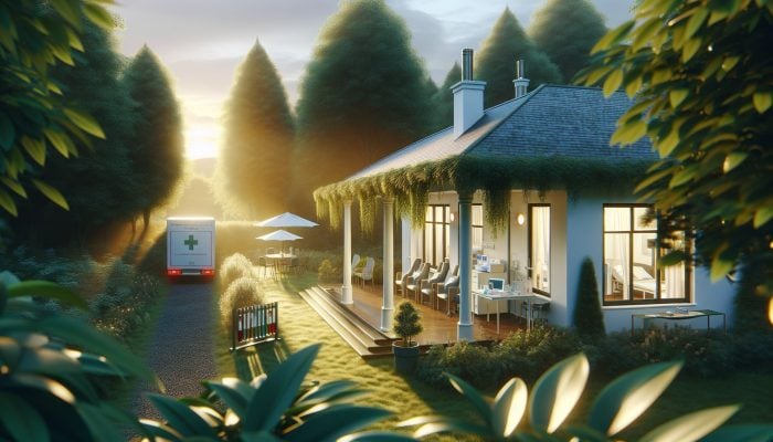 A serene medical clinic in Dunfermline with a pregnancy blood test sign, surrounded by greenery.