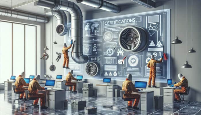 A professional duct cleaning team using advanced tools in a modern office, ensuring high-quality service.