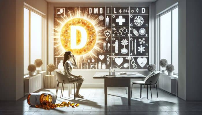 A person in a medical setting, receiving sunlight, preparing for a vitamin D test with supplements and a health chart.