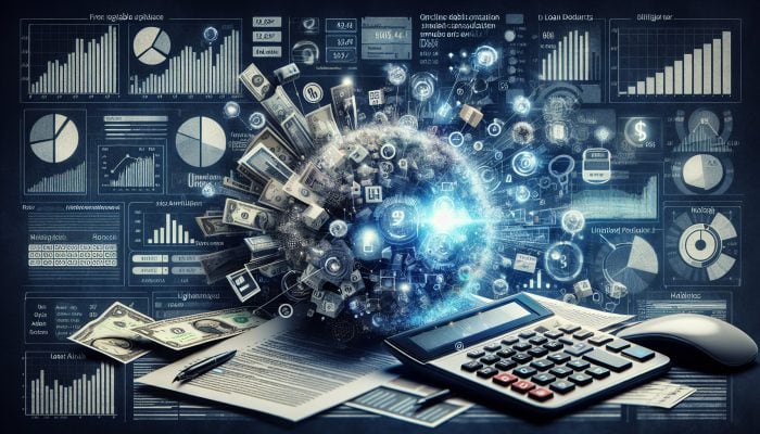 Online Debt Consolidation Loan Simulators: UK Guide | DCL A calculator among loan documents and a screen displaying fluctuating rates and potential hidden fees, illustrating simulator limitations.