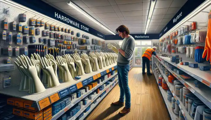 A customer tries on shiny latex gauntlet gloves in a bustling Maidstone hardware store, surrounded by safety equipment under warm lights.