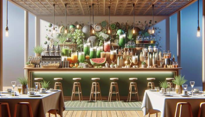 A vibrant brunch scene with diverse beverages including green juices, watermelon coolers, coffee, and tea.