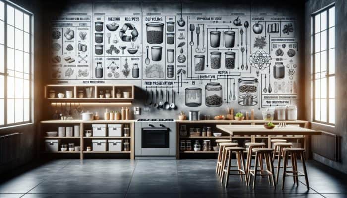 Kitchen scene showcasing food scrap storage, upcycling recipes, and preservation methods including freezing, dehydrating, and fermenting.