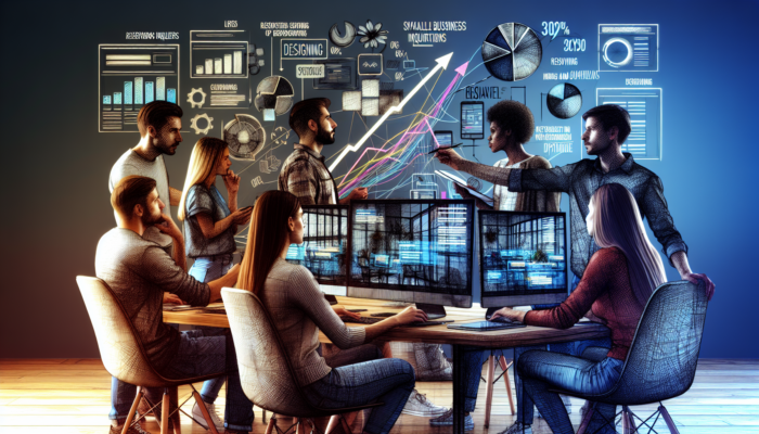 Collaborative team of web designers in a modern Poole office working on a restaurant website redesign.