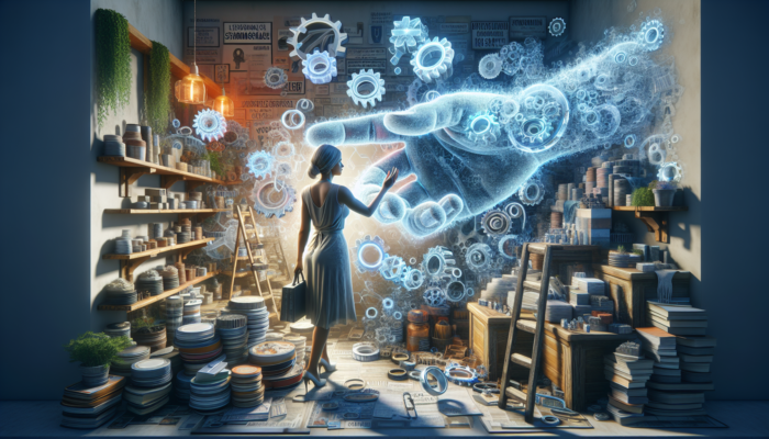 Small business owner in cluttered Cinderford shop grapples with glowing SEO code and gears, overshadowed by larger competitors.