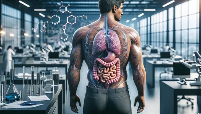 A middle-aged British man with visible abdominal fat in a UK university lab, surrounded by charts on testosterone and body fat.