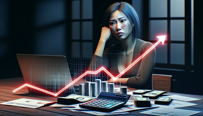 Individual appearing concerned while reviewing financial documents and a laptop displaying an increasing debt graph in a dimly lit room.