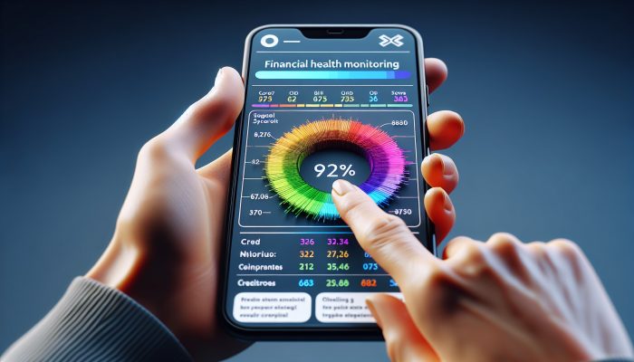 Individual using a smartphone app to track credit score with graphs from Equifax, Experian, TransUnion in the UK.