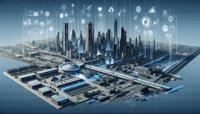 Advanced Disposal Strategies in the UK: A futuristic UK cityscape with advanced waste management facilities promoting sustainability.