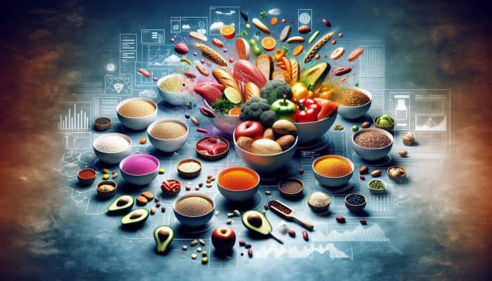 Nutrition and Daily Energy Levels: A vibrant table setting with bowls of colourful foods representing macronutrients: grains, lean meats, and avocados.