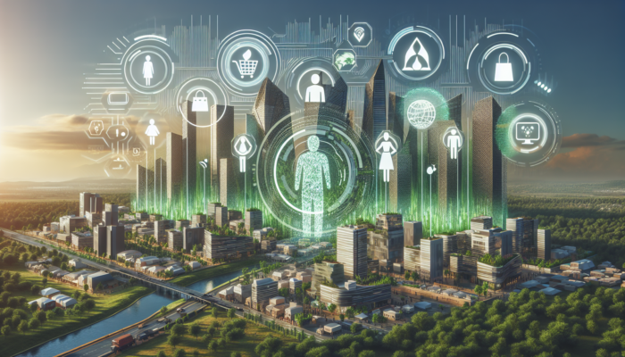 A futuristic Chard cityscape with AI personalizing ecommerce, holographic eco-friendly products, diverse customers, and green elements.