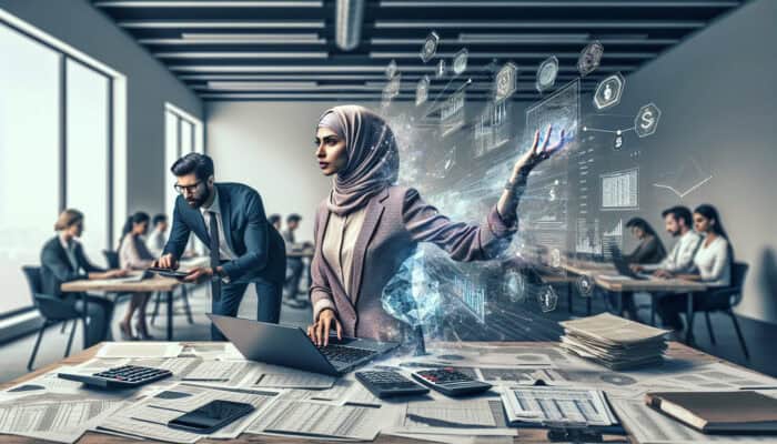 Focused virtual assistant evaluated by stern accountant in modern office, reconciling accounts on laptop amid ledgers and spreadsheets.