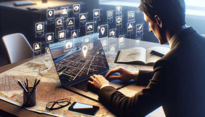 Individual using a laptop to browse UK rental listings while surrounded by maps and notes, highlighting city and suburban properties.