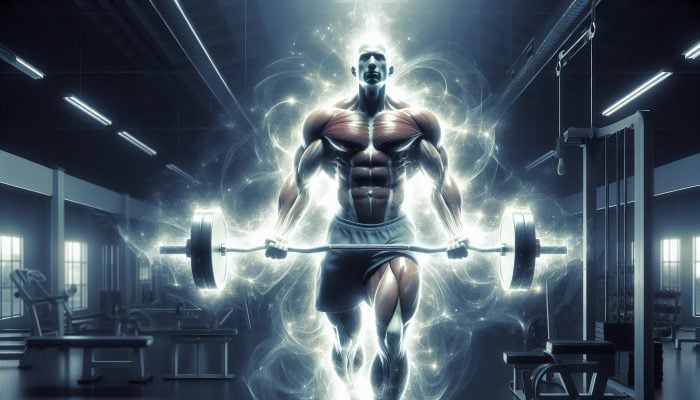 How Hormones Affect Men’s Health: A muscular man lifting weights with a glowing aura, symbolising high testosterone levels.