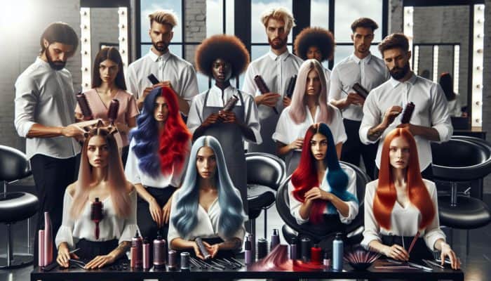 Channeling Extension Blending Techniques: Expert hairstylists in a modern salon demonstrate hair extension blending techniques on models with precision tools and vibrant colors.