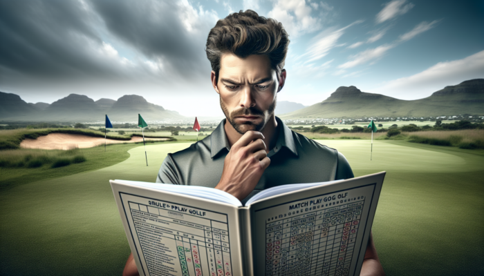 Strategies for Golf Match Play: A South African golfer studies a match play rulebook, surrounded by fairways and mountains, showcasing sportsmanship.