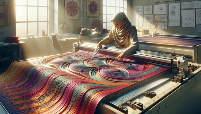 Slicing Weaves for Dimensional Depth: A skilled artisan in a sunlit workshop slices a vibrant woven fabric with precision tools, adding intricate layers and depth.