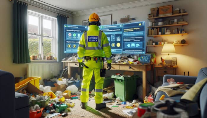 A professional in hi-vis gear reviews Environment Agency documents at a cluttered UK home, sorting waste responsibly with visible badges.