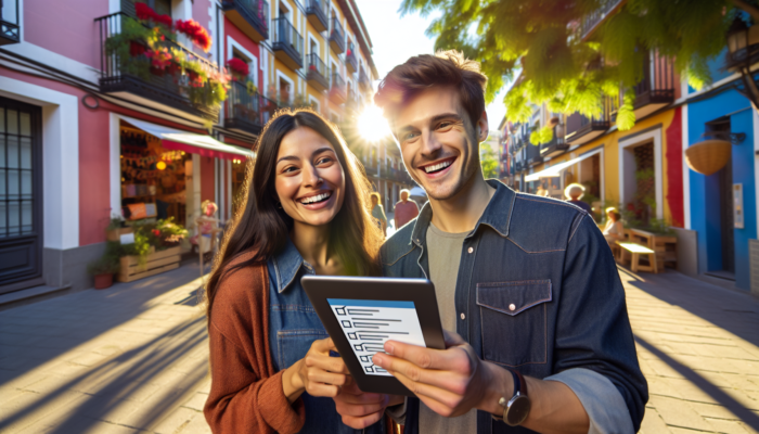 Young couple explores vibrant neighborhood as first-time buyers, using checklist, chatting with locals, and checking map on sunny day.