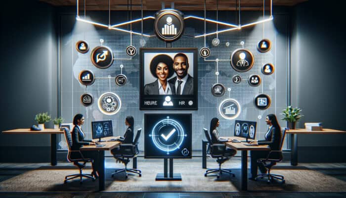 Two diverse professionals in a virtual meeting room, video calling and exchanging ideas, surrounded by icons of collaboration and success.