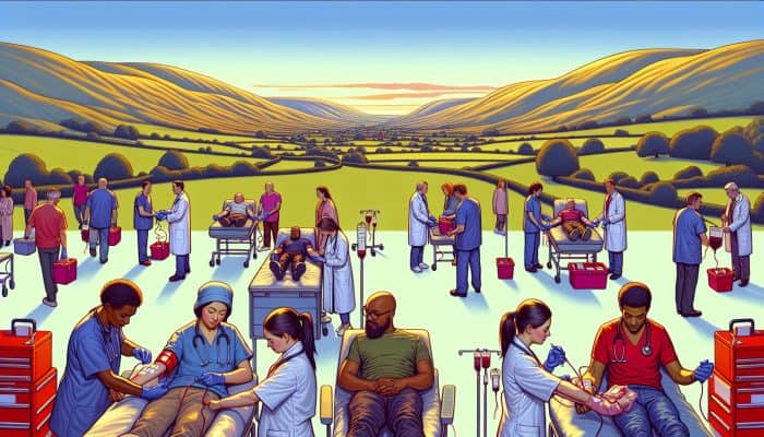 Lively blood drive in Great Malvern's hills: diverse residents and doctors verify blood types with modern equipment, promoting community health and NHS support.