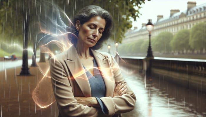 Why Does Weight Change During Perimenopause?: A middle-aged woman in her 50s stands thoughtfully in a rainy London park, with ethereal waves symbolising hormonal fluctuations and a scale showing weight gain.