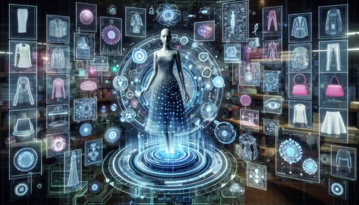 Futuristic holographic fashion assistant analyzes data streams on glowing screens, surrounded by floating dresses and AI circuits.