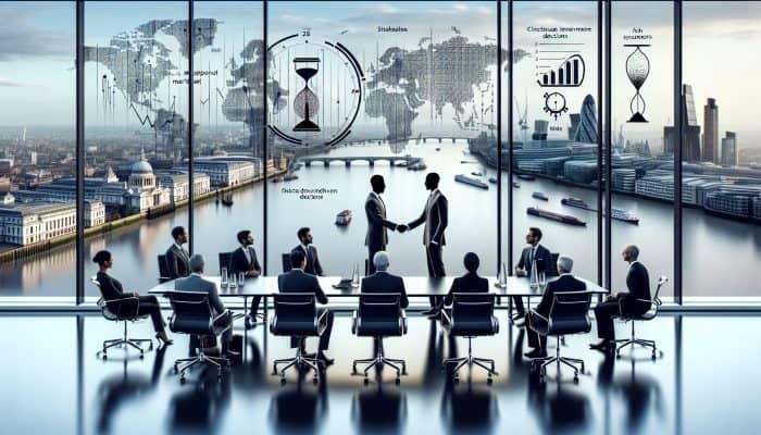 Advanced Negotiation Tactics for Consolidation Rates | DCL In a modern London boardroom overlooking the Thames, a negotiator reviews market charts and shakes hands with diverse stakeholders.