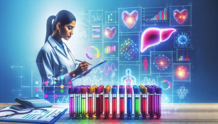Liver Blood Test in Hemel Hempstead: A doctor in a modern UK clinic examines colourful blood vials, digital liver enzyme charts, and a glowing diagram for hepatitis detection.