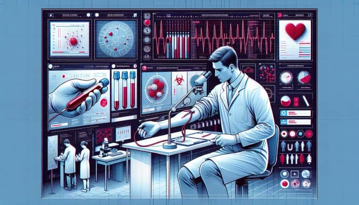 A technician in a white coat draws blood from a patient's arm, analyses it under a microscope, and monitors screens showing blood cell counts in a high-tech lab.