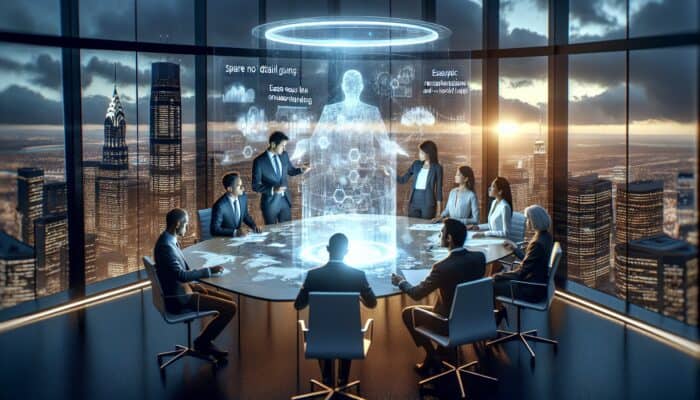 Diverse global executives in a boardroom examine a glowing holographic whitepaper with diagrams and world maps, symbolising B2B insights.