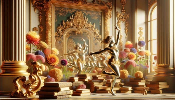 A poised royal figure practices graceful gestures in an opulent palace hall, surrounded by blooming flowers and ancient books under golden light.