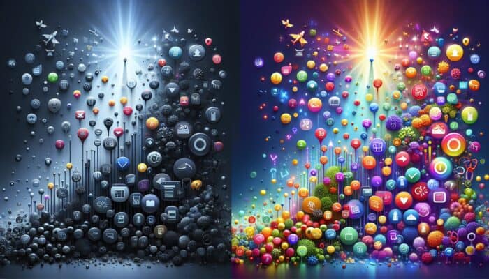 Illustration depicting SEO's impact: a dull underperforming product page with low traffic icons against a vibrant one with rising graphs and sales symbols.