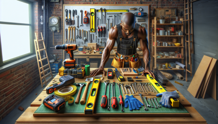 A DIY enthusiast in a vibrant South African workshop arranges tools: drill, tape, level, gloves, goggles, sander, and tile cutter on a bench.