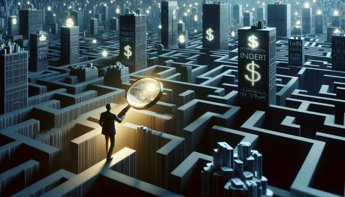 Navigator maneuvering through a shadowy maze of towering debt stacks and hidden fee traps, using a glowing magnifying glass to scrutinise lender documentation.