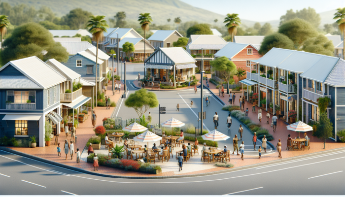 A vibrant street in Kimberley's Belgravia suburb with compact affordable houses, shops, parks, and diverse residents under a sunny sky.