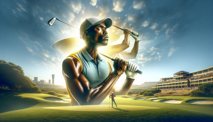 Determined South African golfer on a lush Johannesburg course, visualising success.